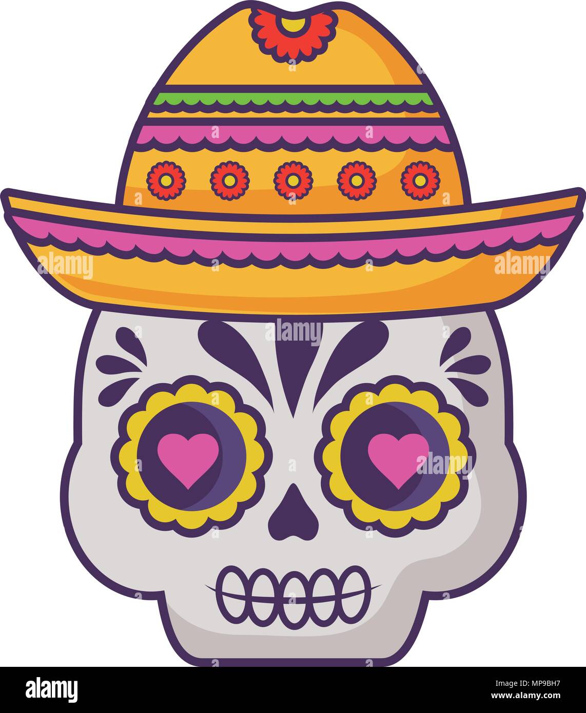 sugar skull with mexican hat over white background, vector illustration ...