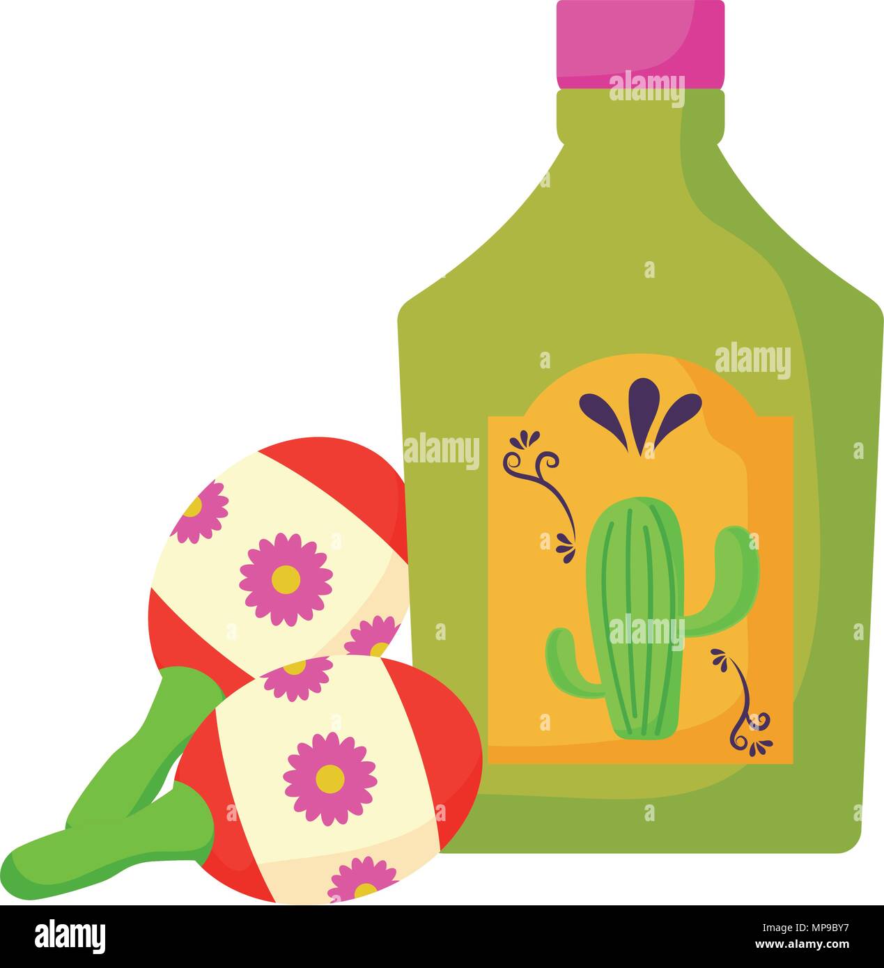 tequila bottle and maracas over white background, vector illustration ...