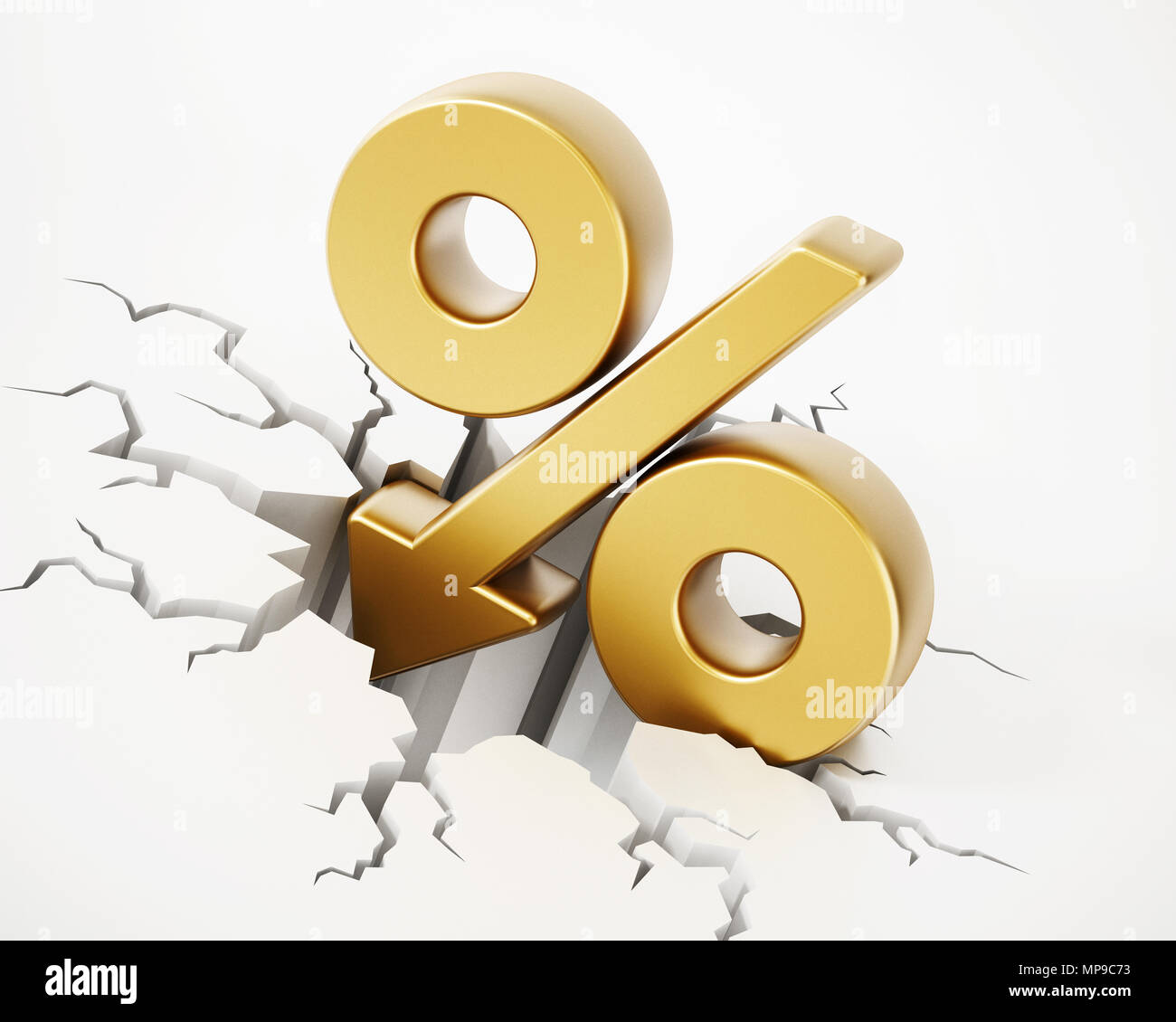 Percentage symbol with arrow on cracked ground. 3D illustration. Stock Photo