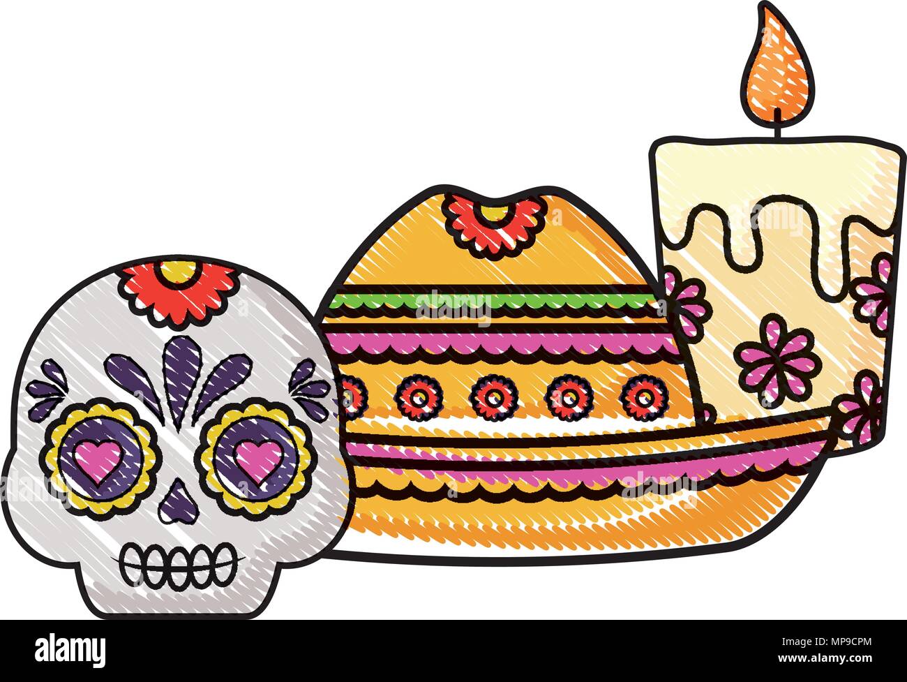 mexican hat and sugar skull over white background, vector illustration ...