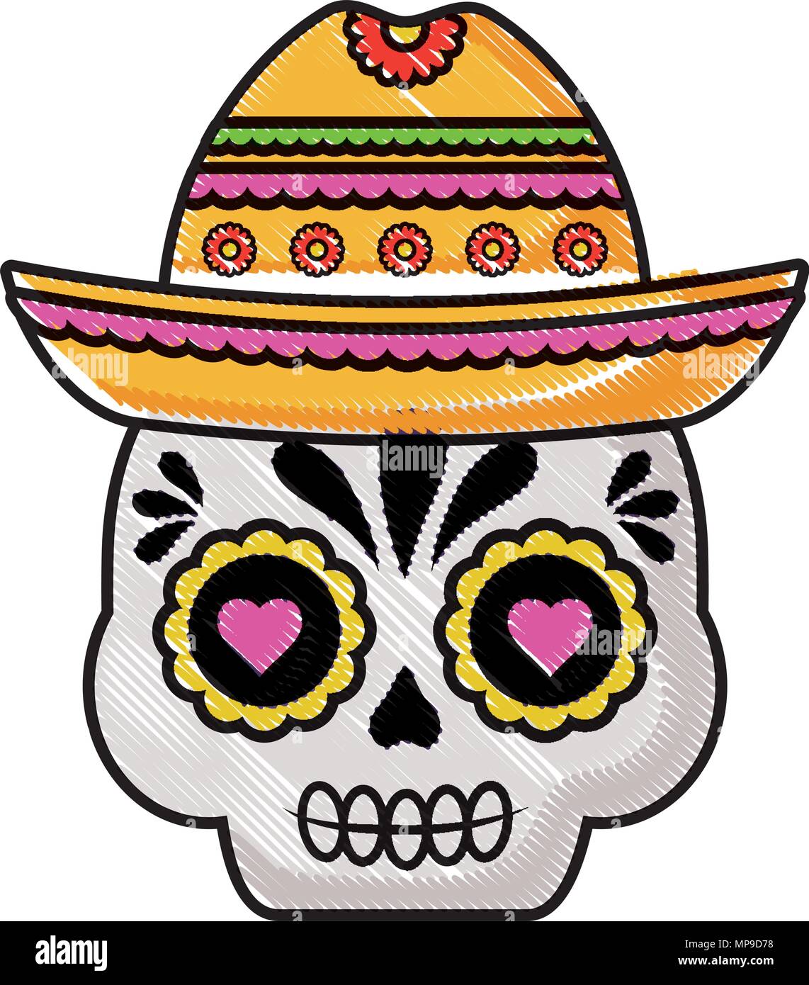 sugar skull with mexican hat over white background, vector illustration ...