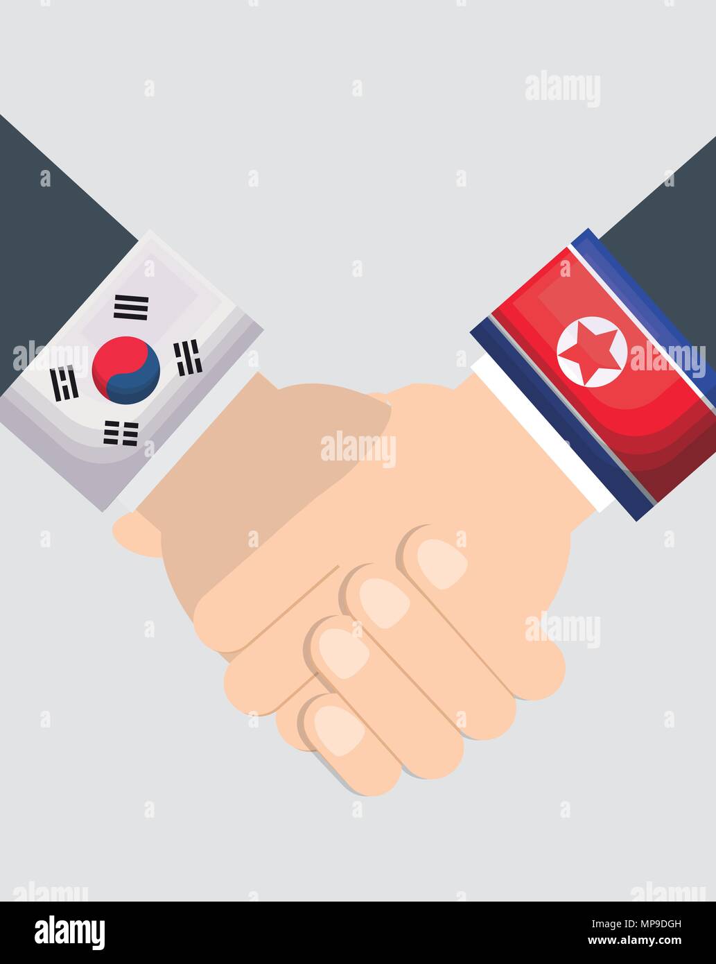 New hopeful friendship of North Korea and South Korea. Vector icon of handshake symbolizes a peace talks. sign of two hands of leaders. Sleeves are decorated by flags of East Asian countries. Stock Vector