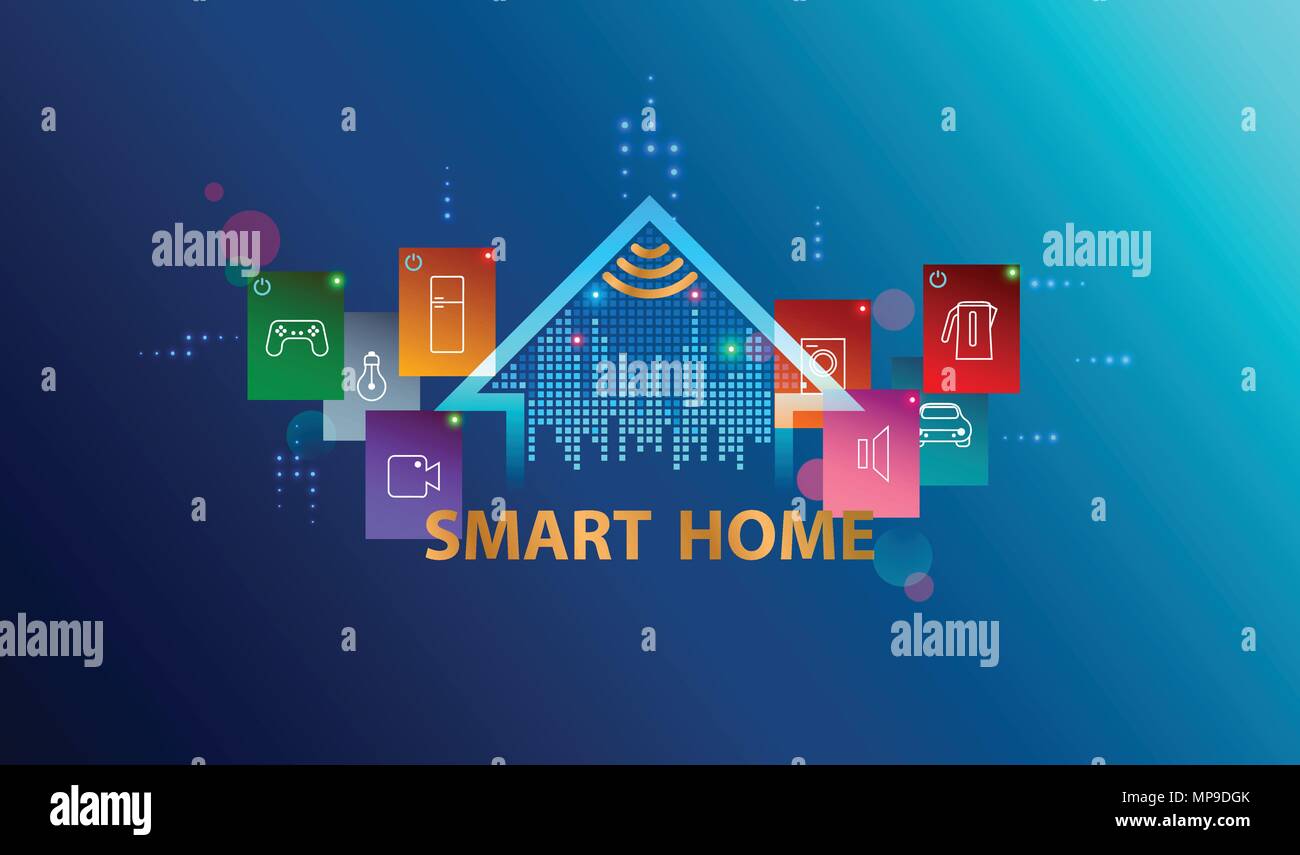 Smart home system. Internet of things concept. Header or banner with logo automation device house. Smart Technology background. Stock Vector