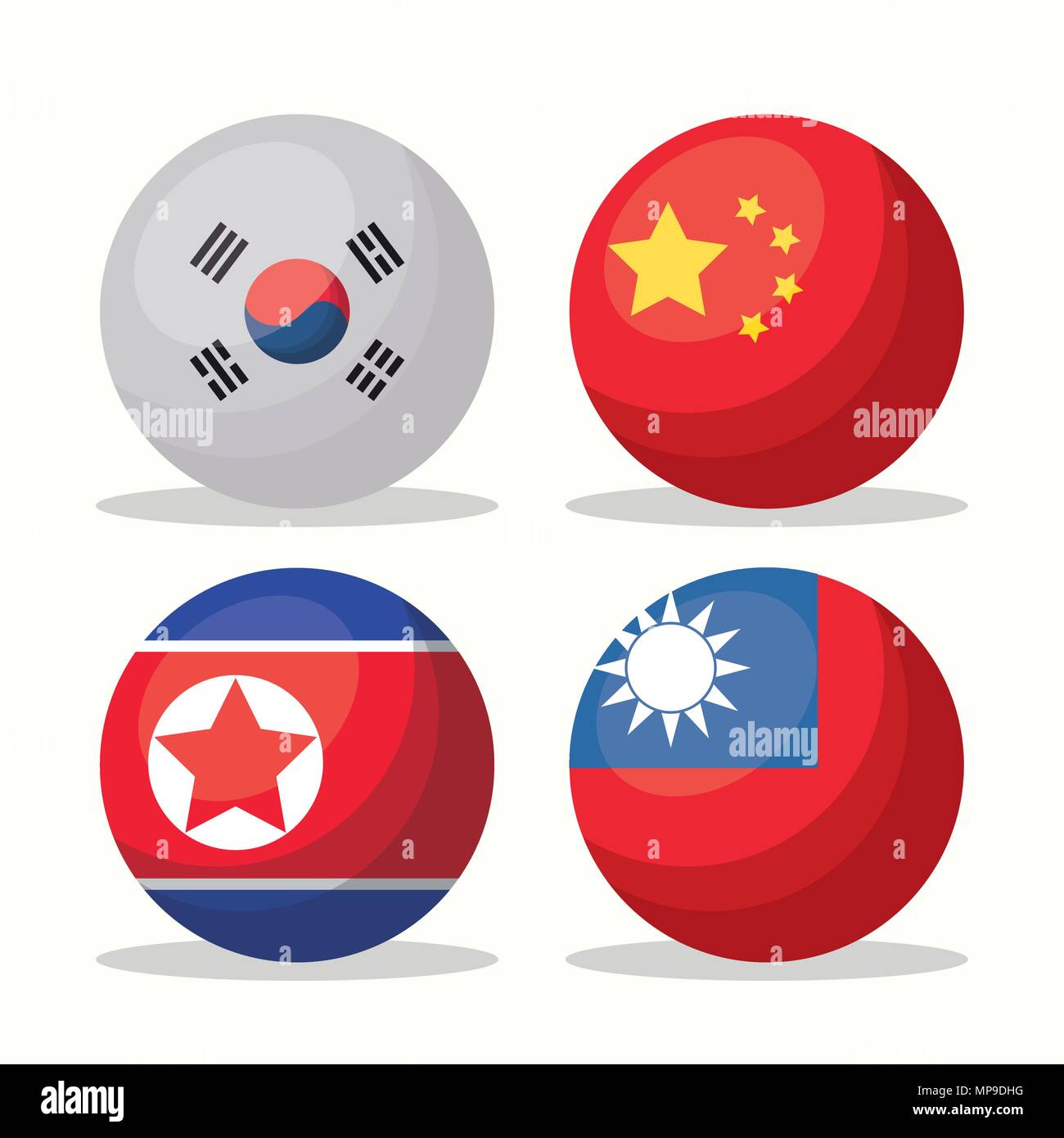 Icon set of Asian flags in button shapes over white background, colorful design. vector illustration Stock Vector