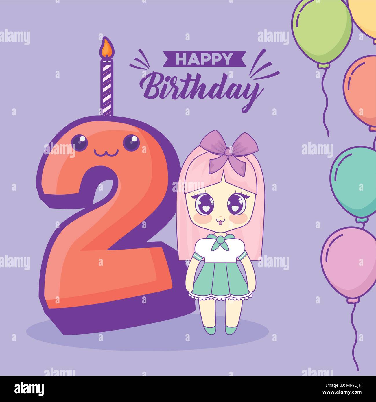 Happy birthday design with Kawaii Anime girl and number 2 over purple  background, colorful design. vector illustration Stock Vector Image & Art -  Alamy