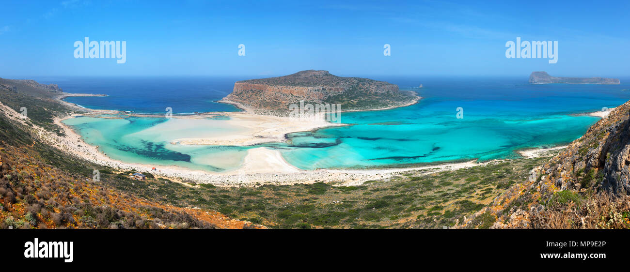 Panorama of Balos beach and Gramvousa island near Kissamos in Crete, Greece Stock Photo