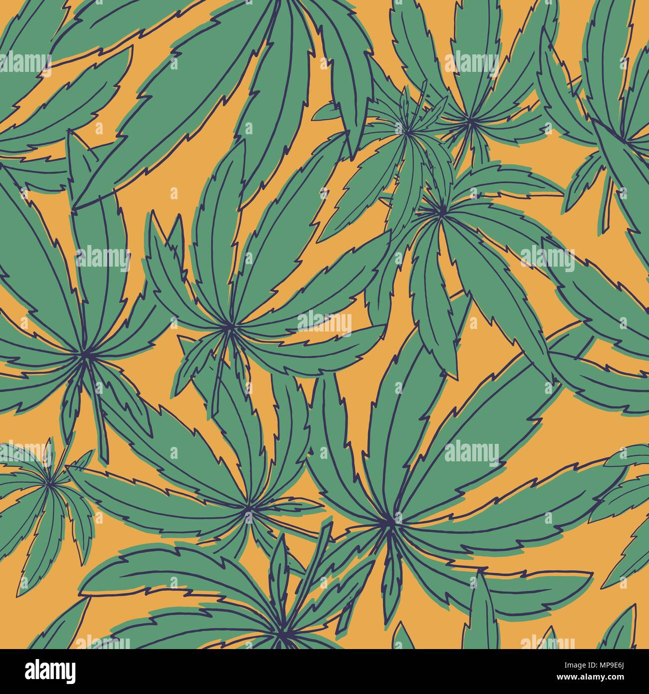 Seamless vector pattern with marijuana leaves on yellow Stock Vector