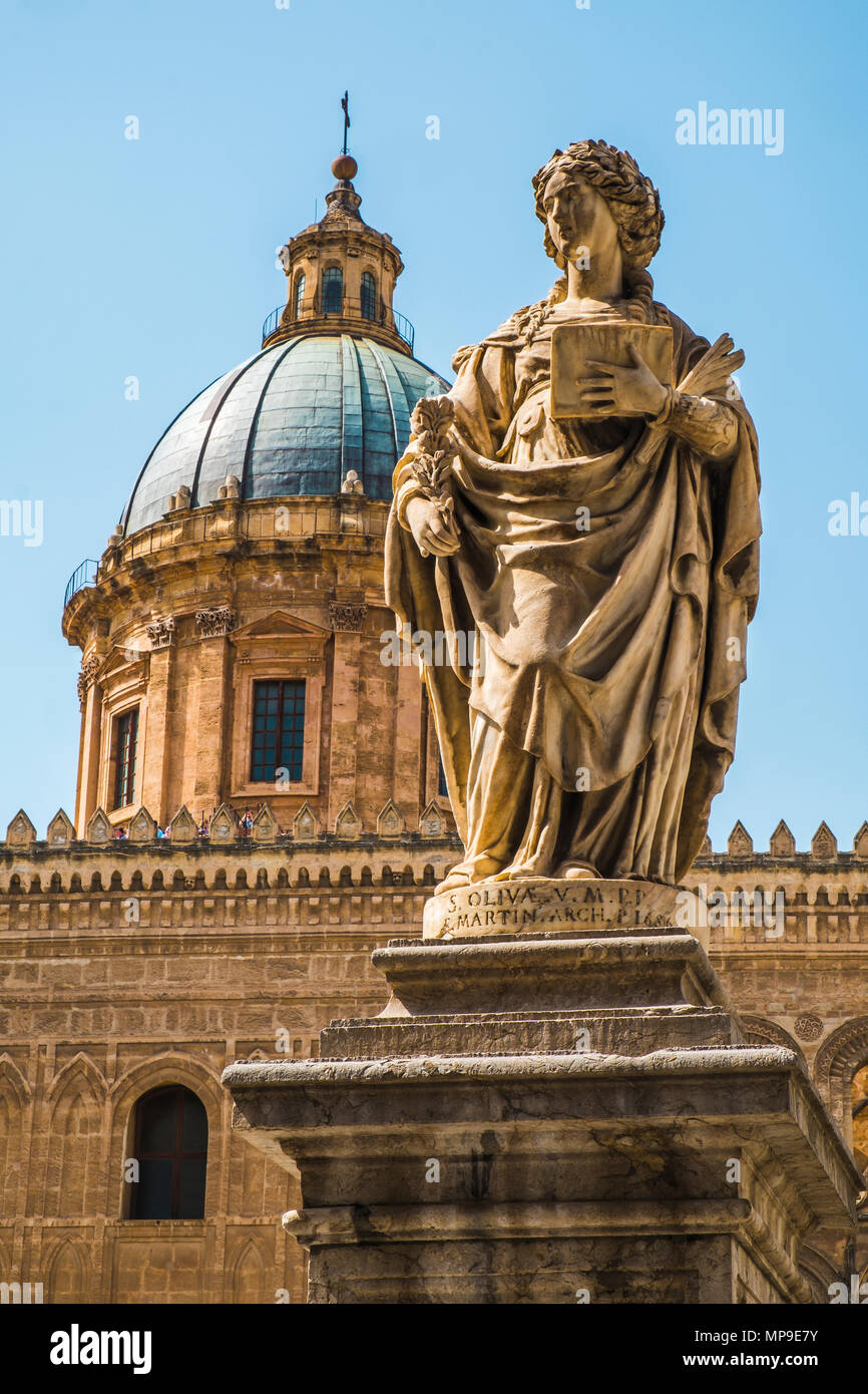 Famous cathedral church of Santa Rosalia and statues of Sant'Oliva in