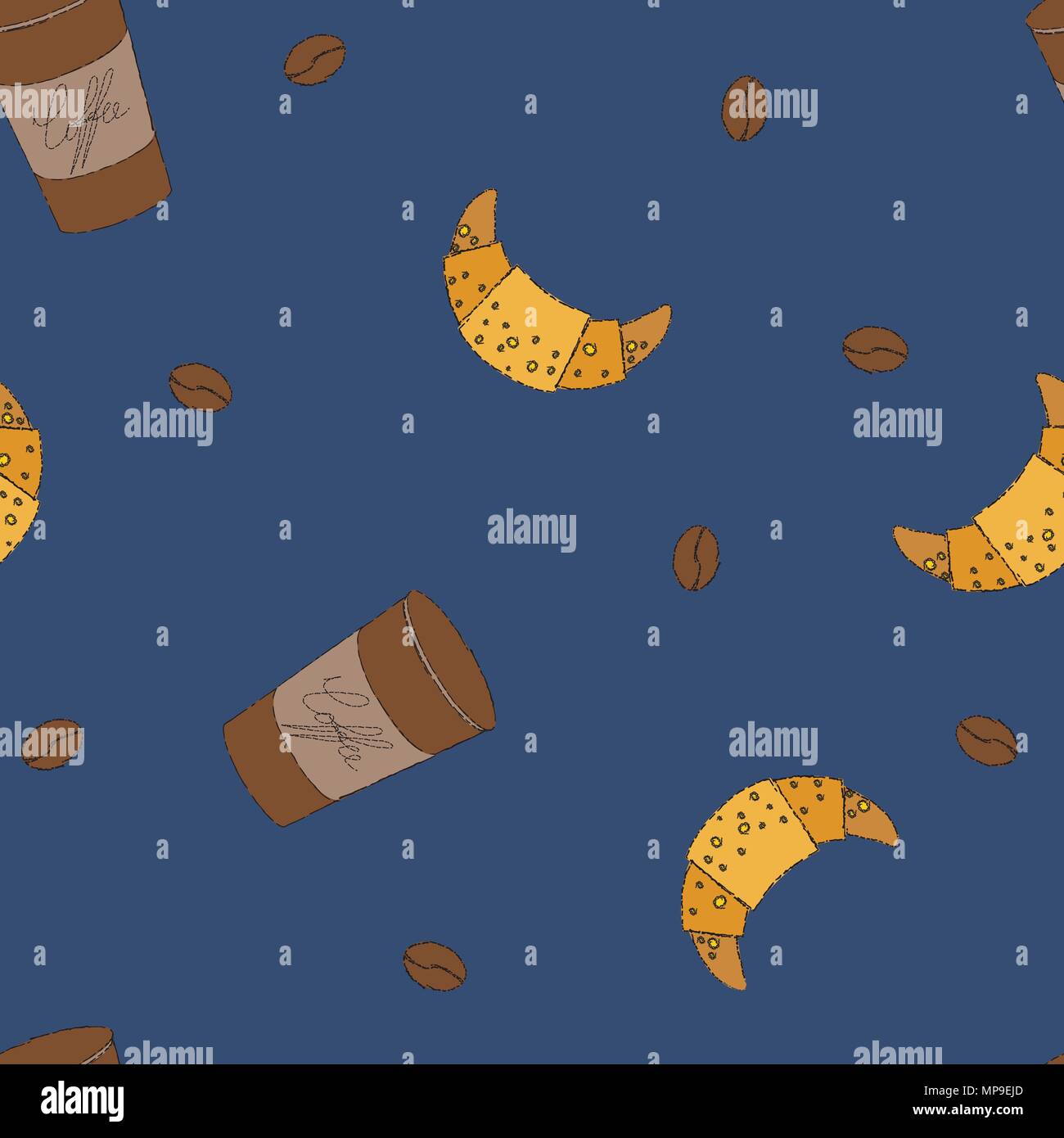 Seamless vector pattern with croissans and coffee on deep blue Stock ...