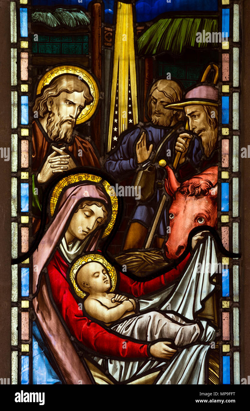 Nativity stained glass window Stock Photo Alamy