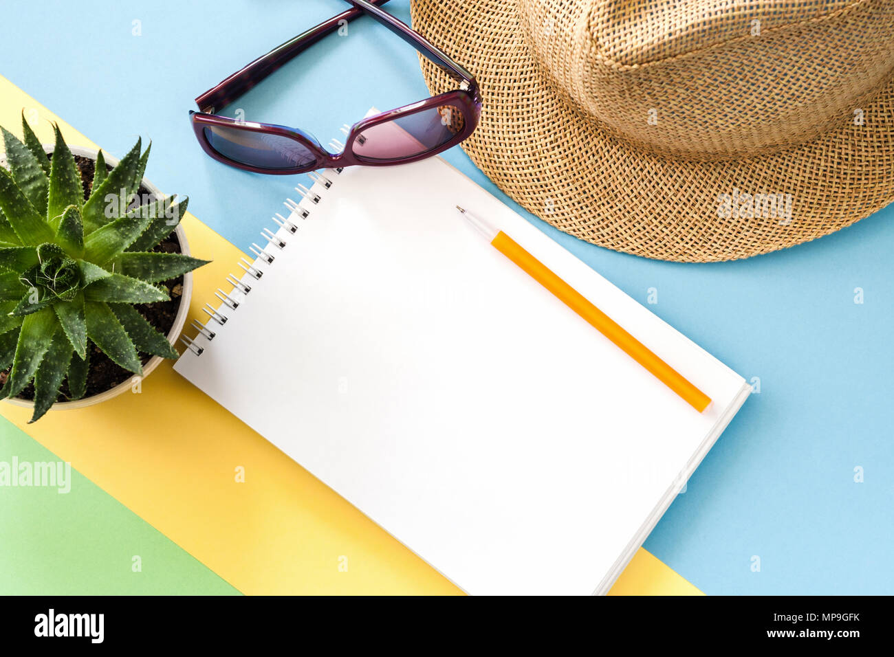Flat lay composition with notepad, succulent, glasses and hat on colored background. Stock Photo