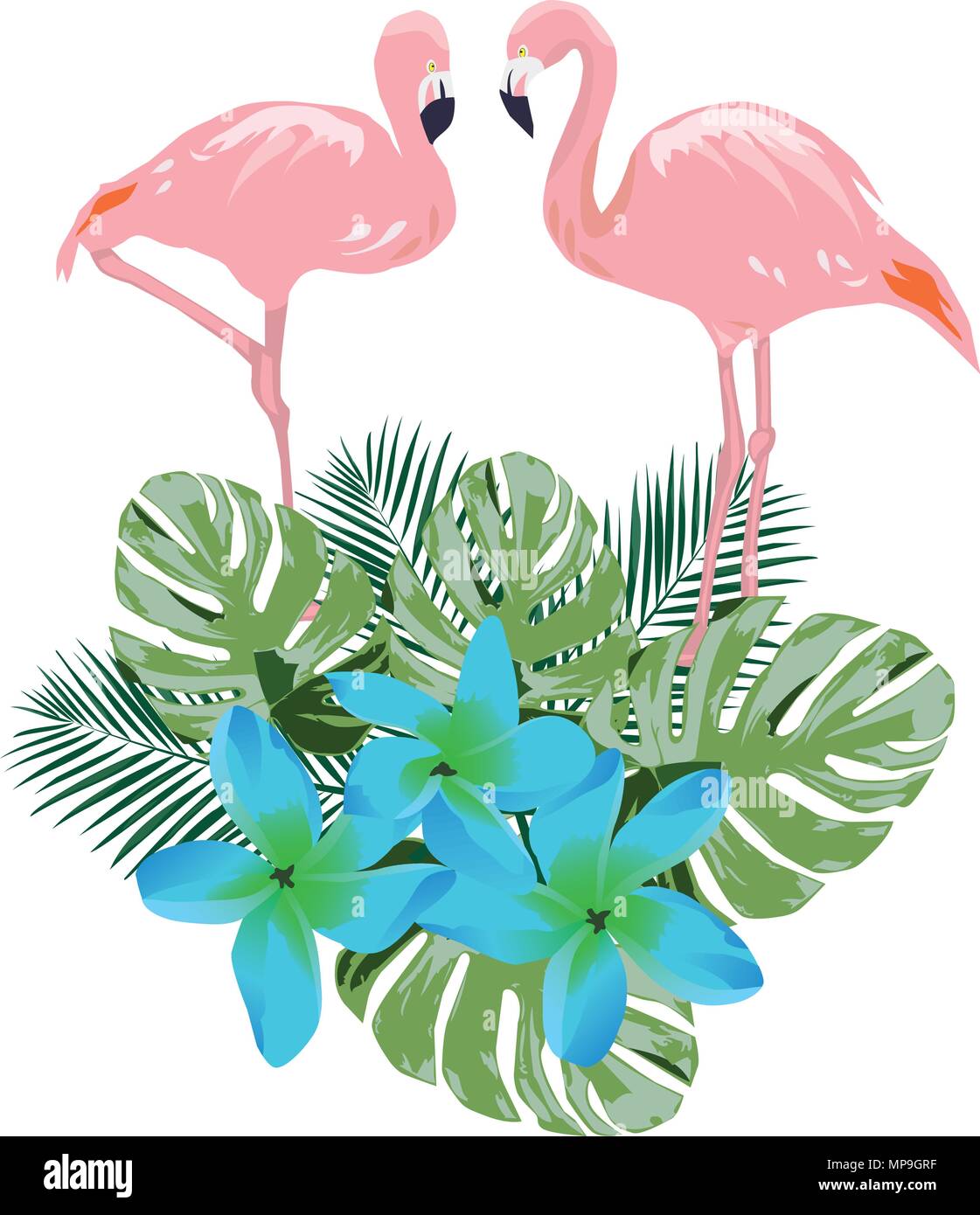 vector illustration of a flamingo and blue tropical flowers Stock ...