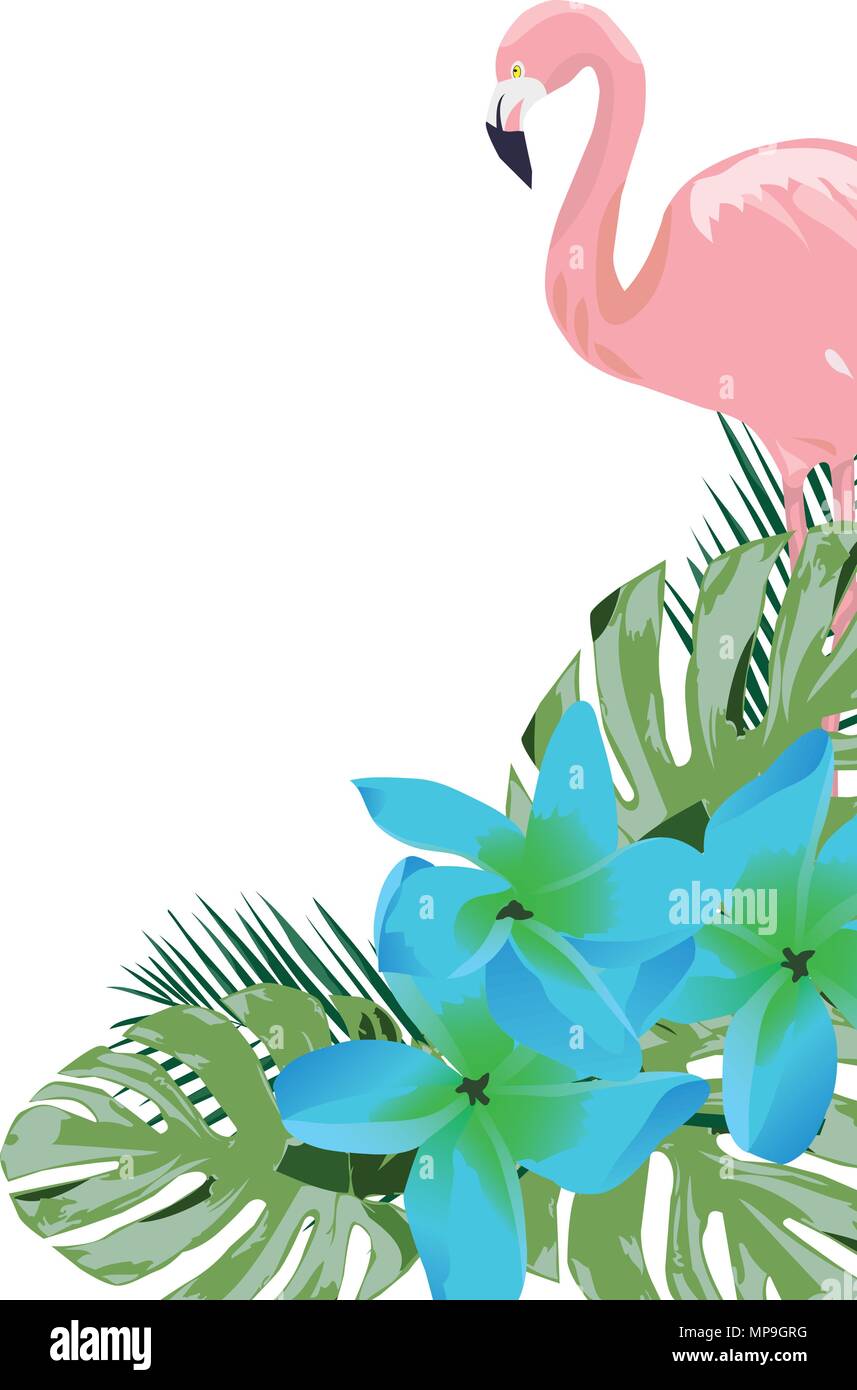 vector illustration of a flamingo and blue tropical flowers Stock ...
