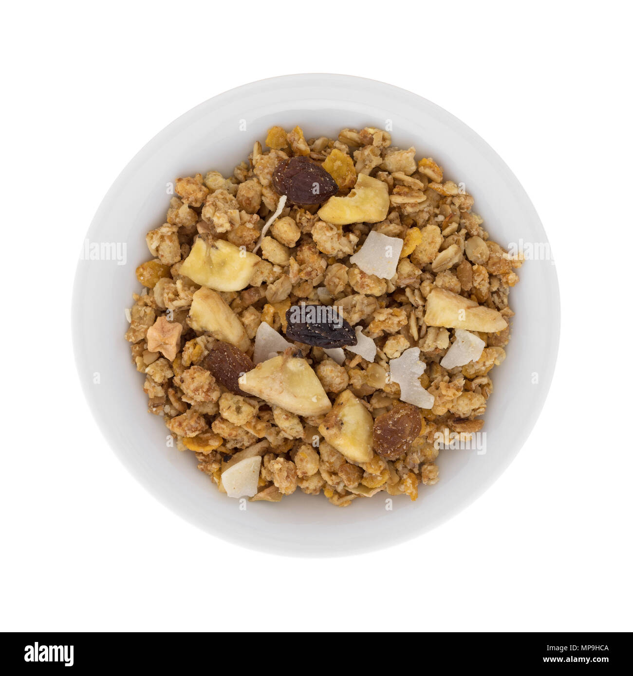 Top view of granola with freeze dried fruit in a bowl isolated on a