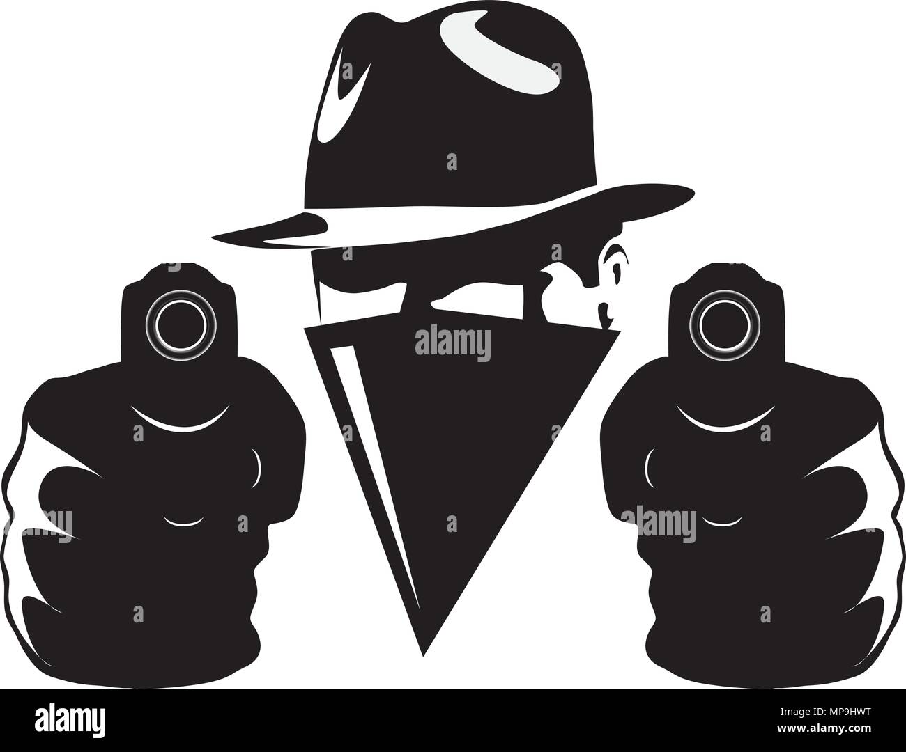 Gangster in shadow with twoo guns vector illustration Stock Vector