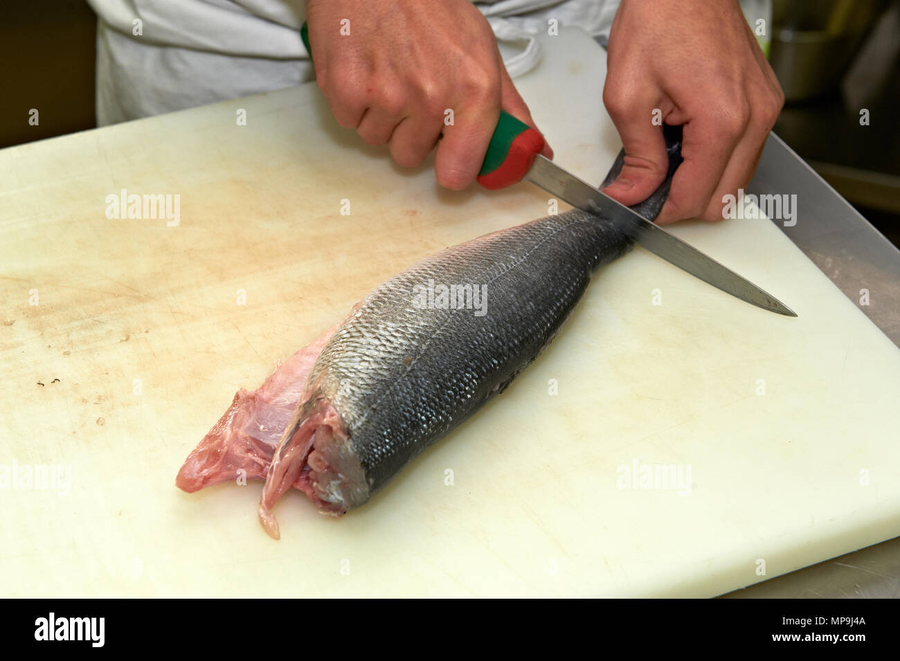 the cleaning of the sea bass Stock Photo Alamy