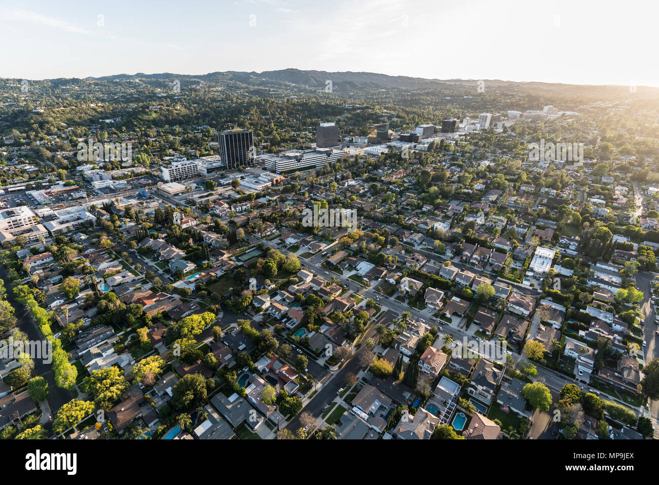 Los Angeles, California, USA - April 18, 2018:  Aerial view of Sherman Oaks and Encino in the San Fernando Valley. Stock Photo