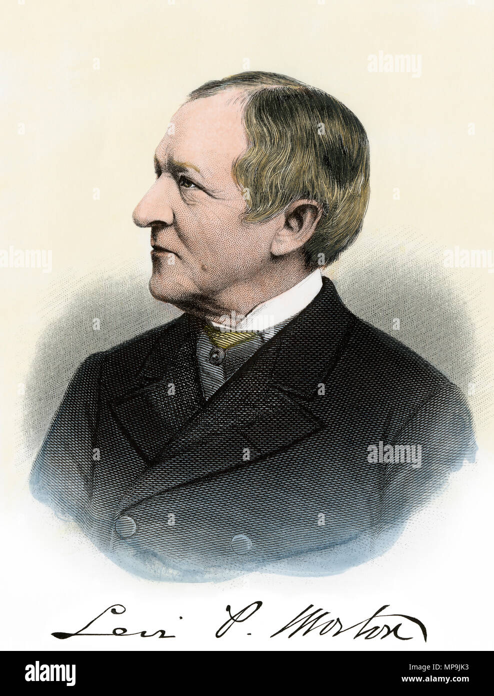 Vice-President Levi P. Morton, with his autograph. Hand-colored engraving Stock Photo