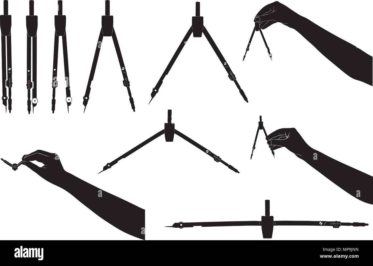 Set of different drawing compasses isolated on white Stock Vector Image