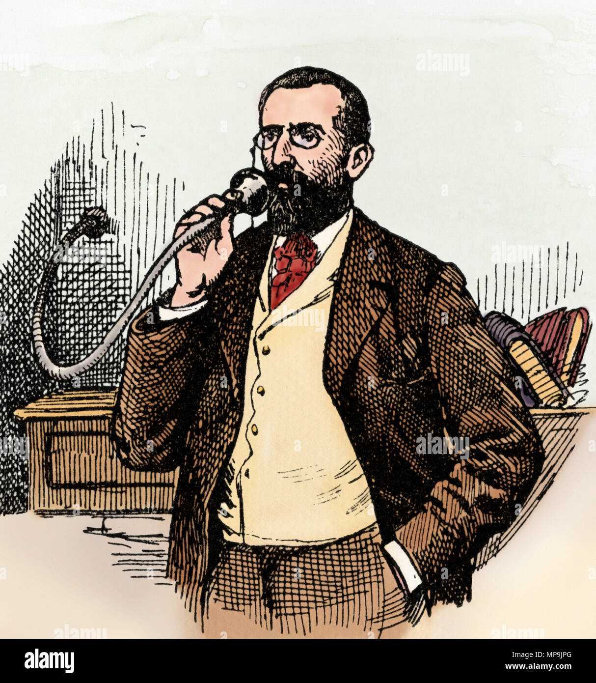 Communicating via speaking tube or hose, 1800s. Digitally colored woodcut Stock Photo