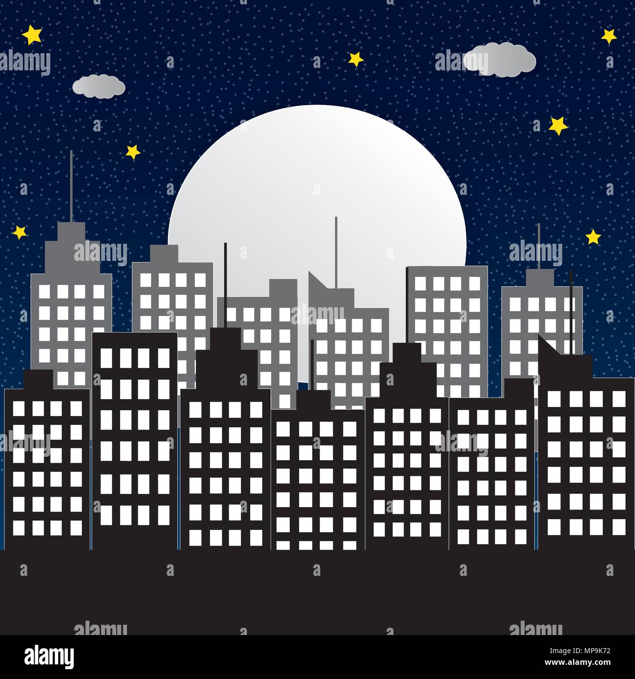 Night city silhouette and night sky with stars and moon Stock Vector ...