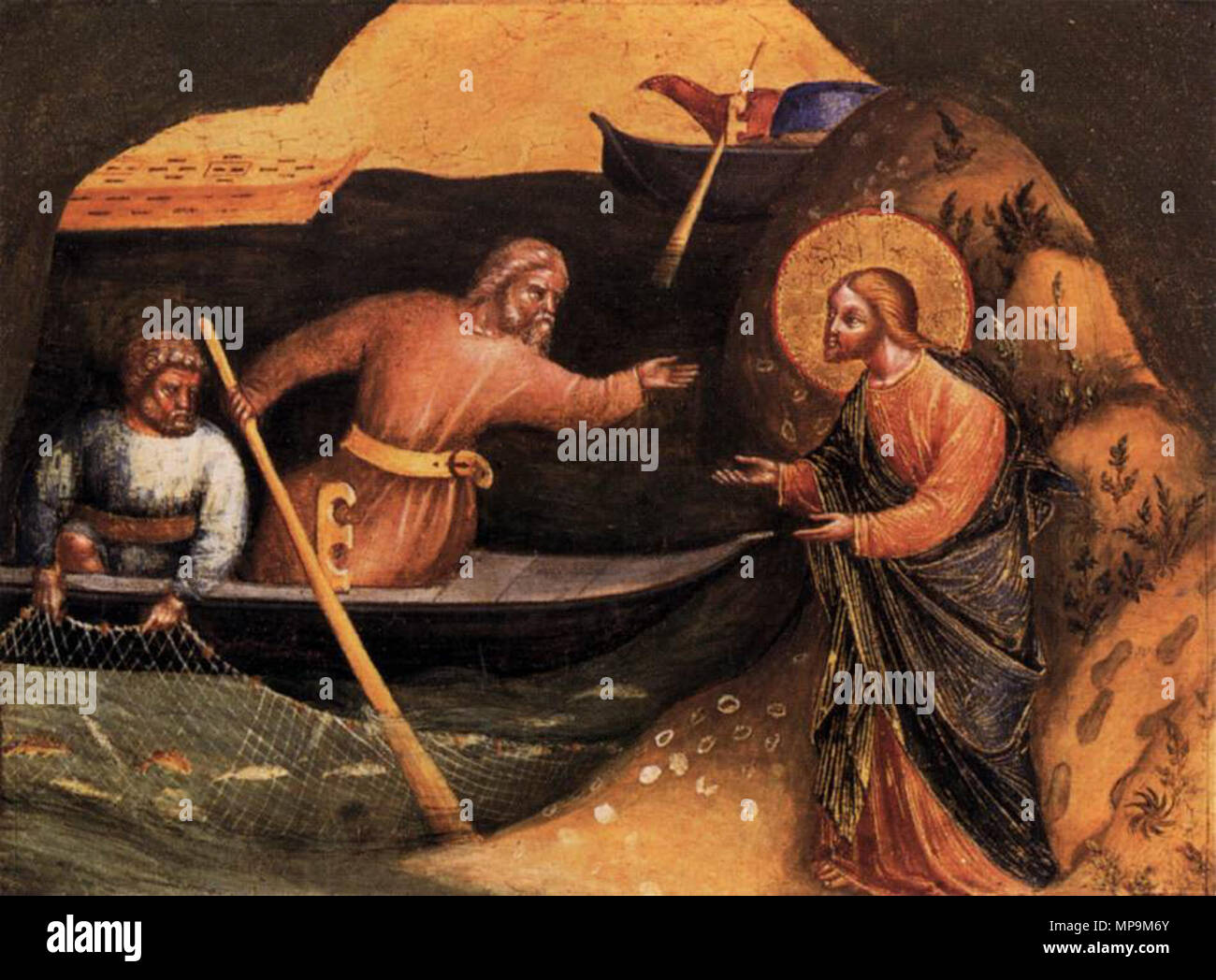 English: Calling of the Apostles Peter and Andrew   circa 1370.   820 Lorenzo veneziano, vocazione dei santi pietro e andrea Stock Photo