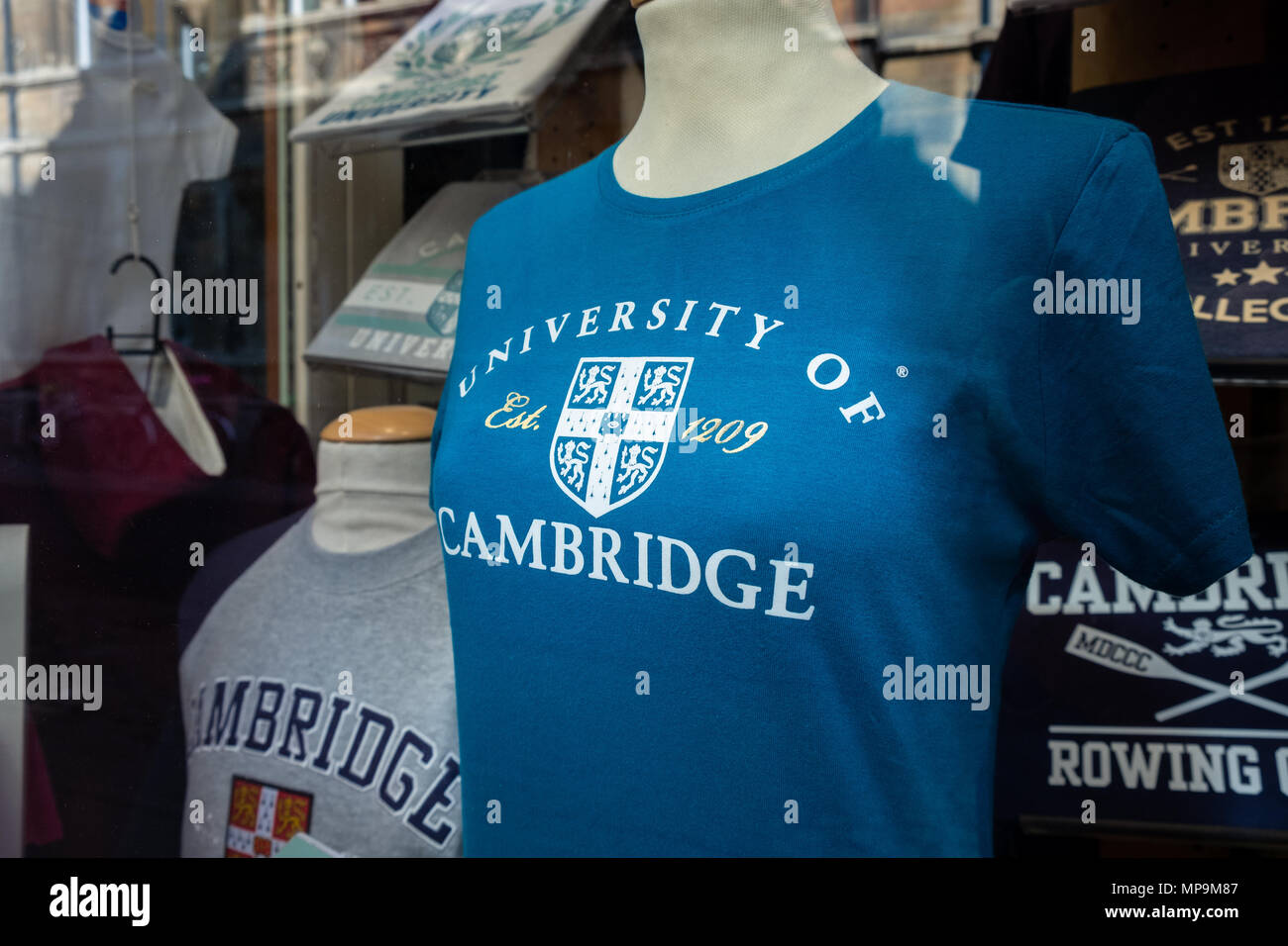 Souvenir University of Cambridge clothing in a shop window in Cambridge