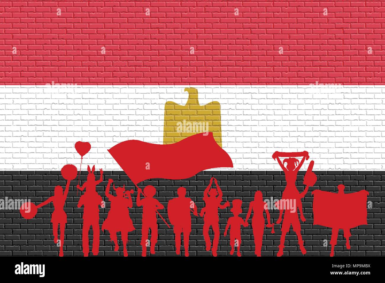 Egyptian supporter silhouette in front of brick wall with Egypt flag. All the objects, silhouettes and the brick wall are in different layers. Stock Vector