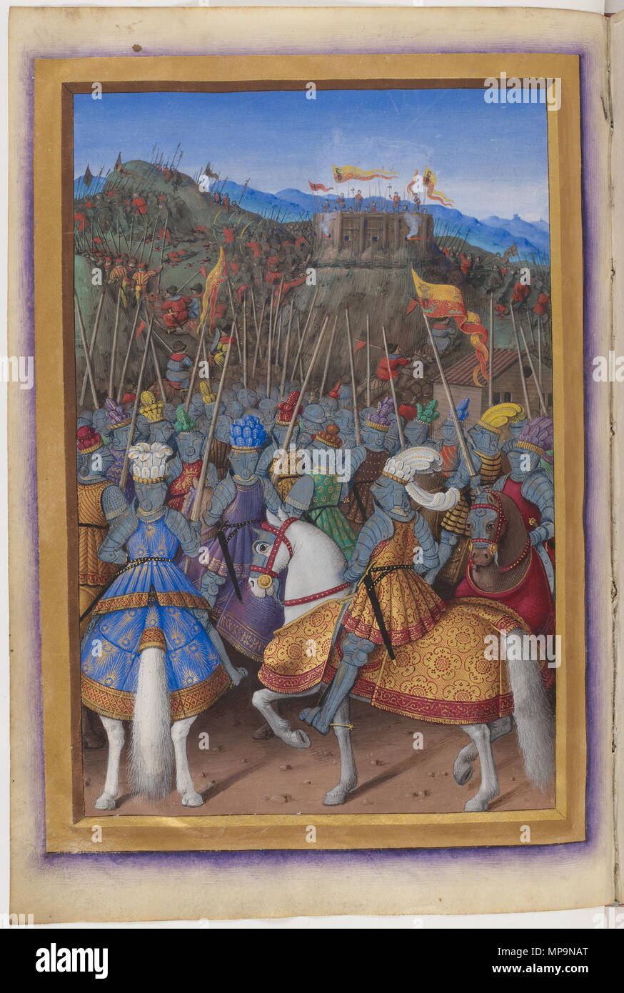 Français : Le Voyage de Gênes .  English: Louis XII and his army attack a fortress and defeat the Genoese army. The tunic of the King and the trappings of his horse are more emblematic. Only the white tuft of the crest and the position of the horse identify the king. Français : Louis XII et son armйe attaquent une forteresse et dйfont l'armйe gкnoise. La tunique du roi et le caparaзon de son cheval ne sont plus emblйmatiques. Seule la houppe blanche du cimier ainsi que la position du cheval permettent d'identifier le roi. . circa 1500-1520.   824 Louis XII defeats the Genoese Stock Photo