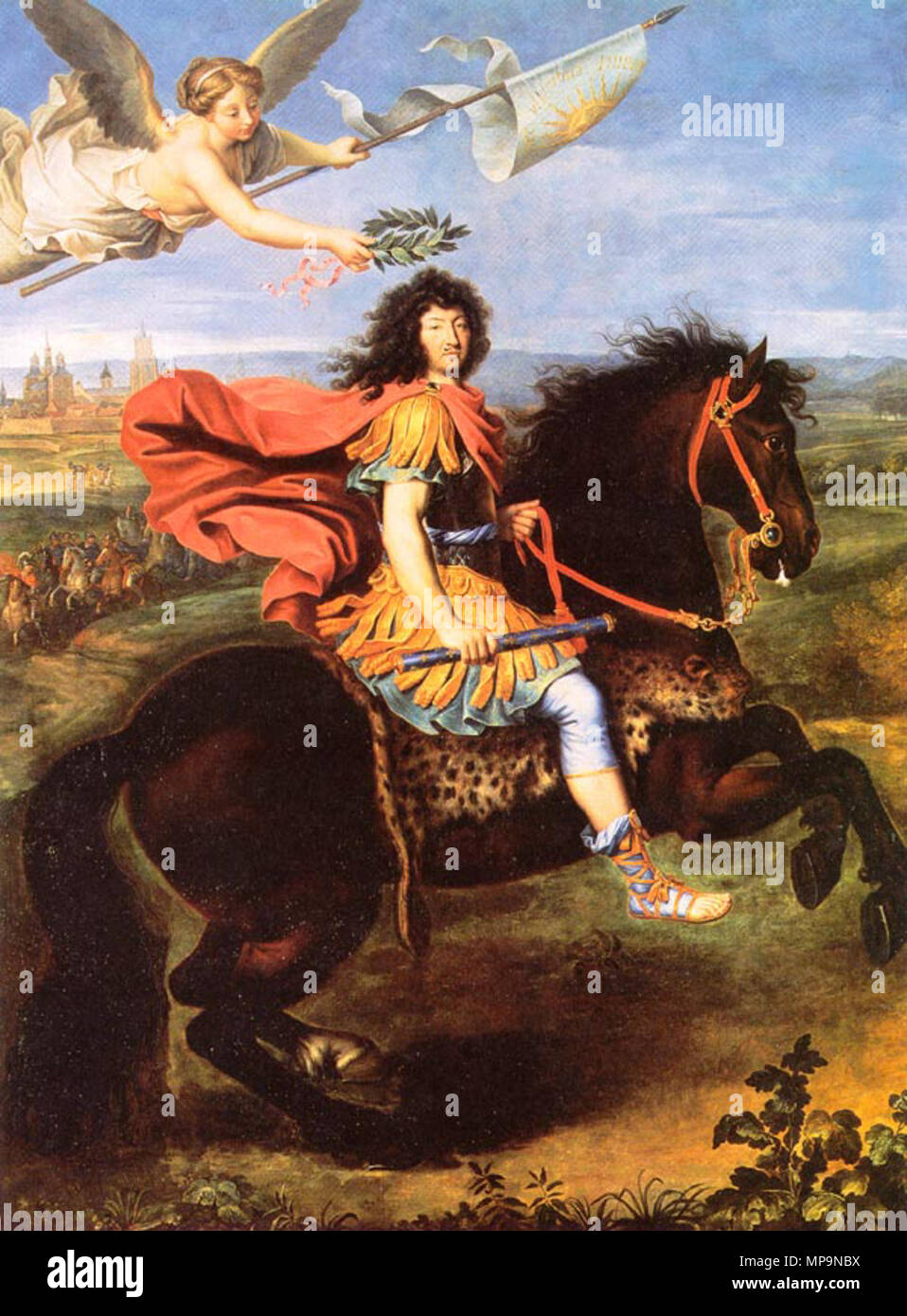 Louis XIV of France riding a horse  1673.   824 Louis XIV of France being crowned by victory after the 1673 Siege of Maastricht by Pierre Mignard Stock Photo