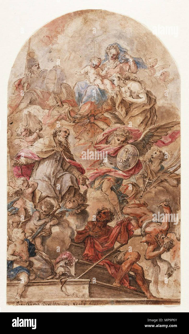 St. Martin Before the Virgin, 1715 BergmŸller, Johann Georg German, 1688-1762 Pen and brown ink, brown and gray wash, watercolor, white heightening on white p Crocker Art Museum, E. B. Crocker Collection 1871.60 724 Johann Georg Bergmüller - St. Martin and Other Saints Appealing to the Virgin Stock Photo