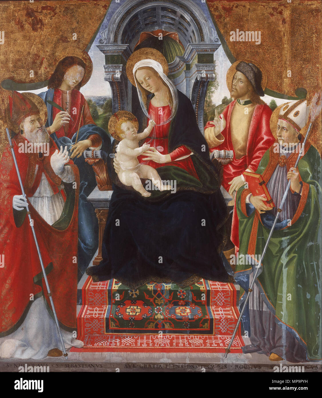 Virgin and Child with Saints Nicholas, Sebastian, Roch and Martin  Late 1400s.   831 Lucchese School Late 15th Century - Virgin and Child with Saints Nicholas, Sebastian, Roch and Martin - Google Art Project Stock Photo