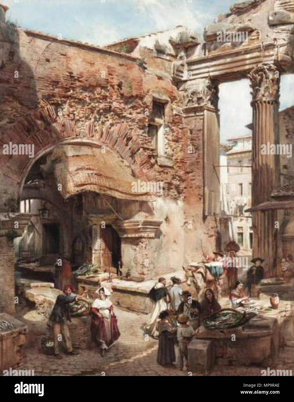 832 Ludwig Passini - Italienische Marktszene mit römischen Ruinen Stock Photo