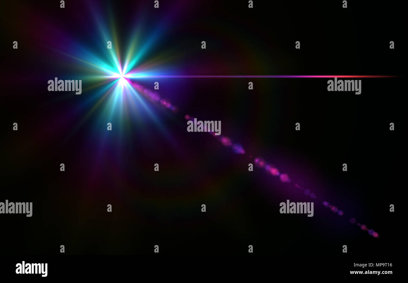 Anamorphic blue lens flare isolated on black background for overlay ...
