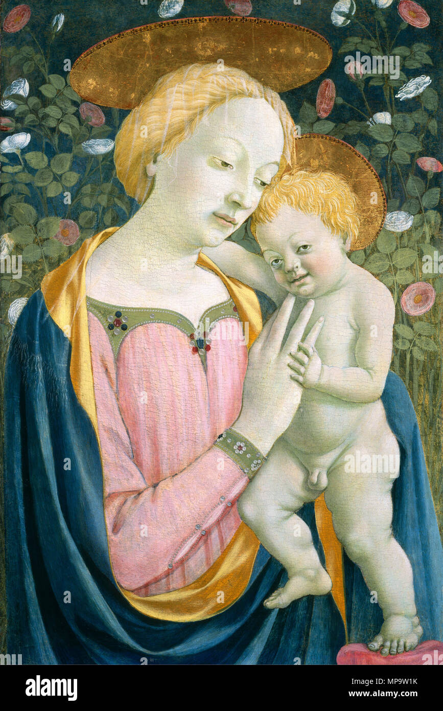 Painting; tempera on poplar panel; overall: 83 x 57 cm (32 11/16 x 22 7/16 in.) framed: 124.5 x 100.3 x 9.8 cm (49 x 39 1/2 x 3 7/8 in.);    English: Madonna and Child   after 1447.   840 Madonna and child, domenico veneziano, washington Stock Photo