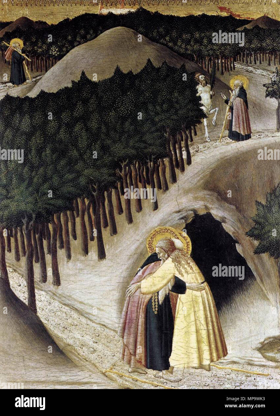 English: St Anthony Goes in Search of St Paul the Hermit   circa 1440.   842 Maestro dell'osservanza, sant'antonio va alla ricerca di Paolo l'eremita Stock Photo