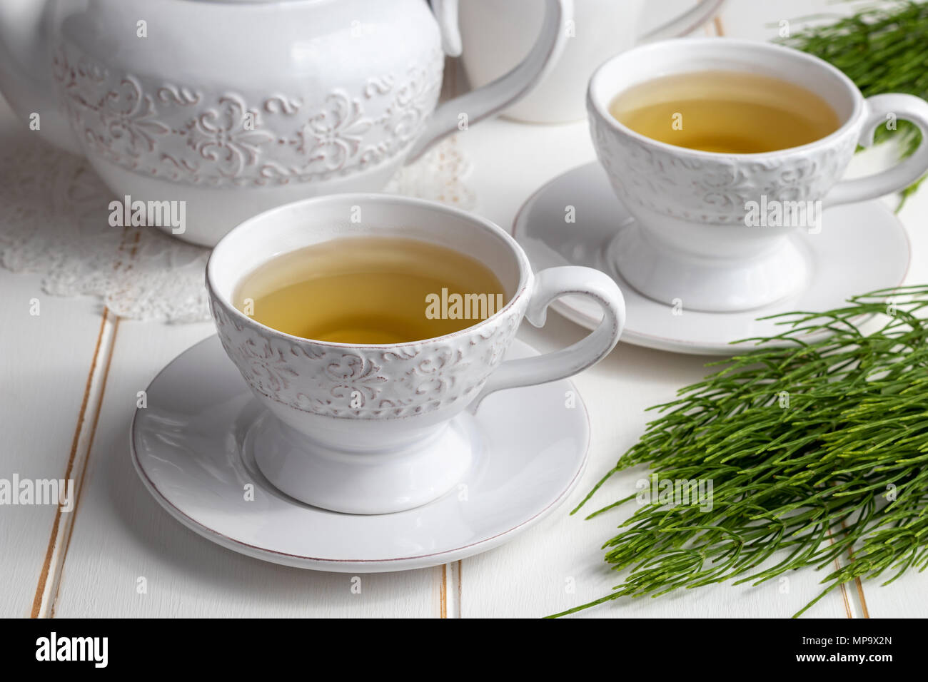 Two cups of horsetail tea with fresh Equisetum arvense plant on a white wooden table Stock Photo