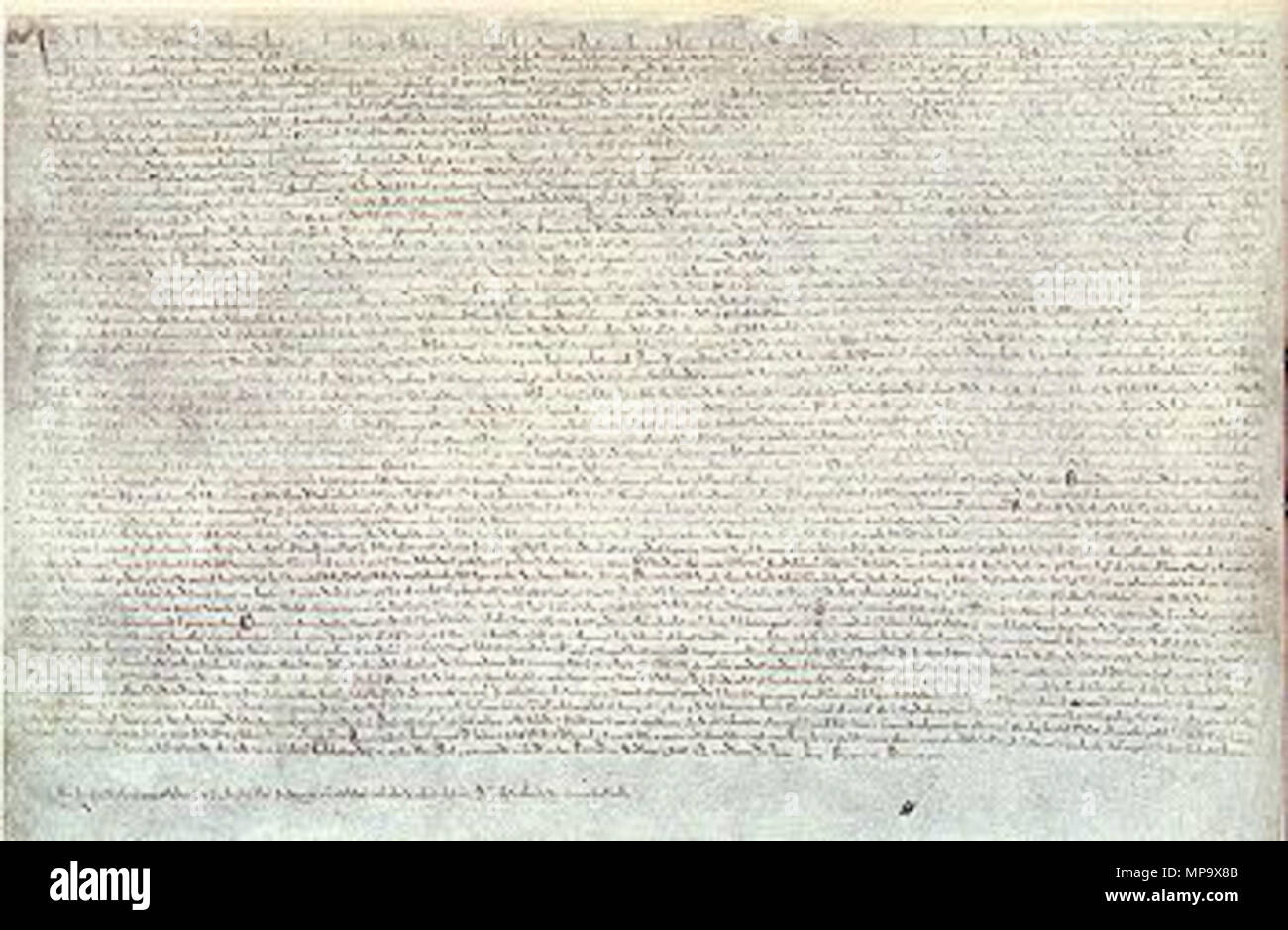 English: The Magna Carta (originally known as the Charter of Liberties) of  1215, written in iron gall ink on parchment in medieval Latin, using  standard abbreviations of the period, authenticated with