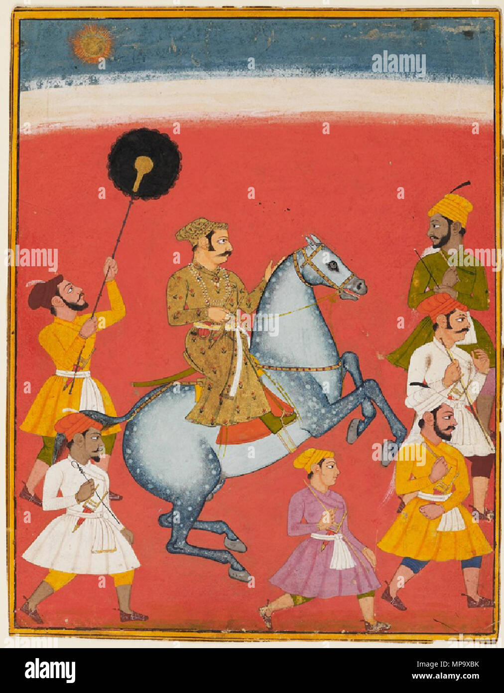 . Maharana Raj Singh riding, Udaipur, c1670 Raj Singh I, Maharana of Mewar (ruled 1652 - 1680) Mounted on a rearing horse, Maharana Raj Singh is accompanied by attendants on foot. This boldly coloured reinterpretation of a common Mughal portrait convention represents the Mewar ruler more as the ideal Rajput martial hero than as a closely observed individual. Source: Ashmolean Museum, University of Oxford . 1670. Unknown 845 Maharana Raj Singh riding Stock Photo