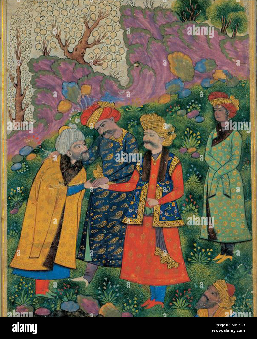 . English: Mahmoud & Ayaz, and Shah Abbas. The Sultan (in red robe) is to the right, shaking the hand of the sheykh, with Ayaz (in green robe) standing behind him. The figure to his right is Shah Abbas I who reigned about 600 years later. 1515. Assigned to Kamaleddin Behzad 845 Mahmud and Ayaz and Shah Abbas I Stock Photo