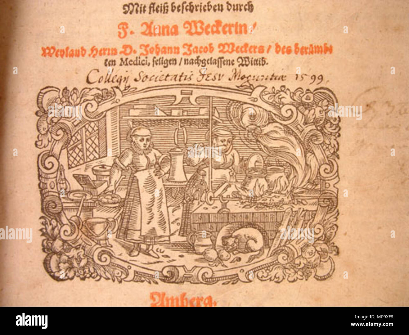 . Mainzer Exemplar des ersten von einer Frau verfassten deutschsprachigen Kochbuchs. Die Baseler Arztgattin Anna Wecker hatte 'Ein koestlich Kochbuch new von allerhand Speisen ...' 1597 geschrieben und dabei besonders die Ernährungs-Bedürfnisse von Kranken und Kindern berücksichtigt. Die Stadtbibliothek besitzt das in vielen Auflagen erschienene Werk in der 2. Auflage Amberg 1598. Die Mainzer Jesuitenniederlassung hatte den Druck bereits 1599 für ihre Bibliothek erworben . 1598. Anna Wecker 845 Mainz weckerin Stock Photo
