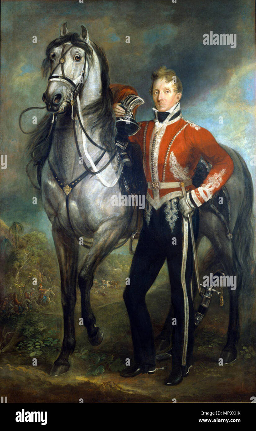 . English: Major George Cunningham (1783-1838), 7th Bengal Native Infantry, Commanding 2nd Corps Rohilla Cavalry, 1820. Oil on canvas by James Howe (1780-1836). After initial service with the 1st Battalion 7th Bengal Native Infantry and as aide-de-camp to Major-General James Morris, Cunningham was appointed to command the 2nd Rohilla Cavalry, when it was raised on 26 July 1815. He fought with this regiment in the Bareilly insurrection of 1816, as a result of which his health suffered, and he was later awarded an additional pension in respect of this service. He retired in 1821 and became an Es Stock Photo