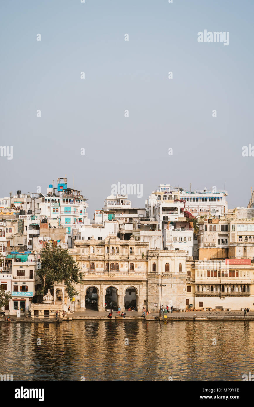 colorful buildings and archways on the waterfront in Udaipur, India Stock Photo