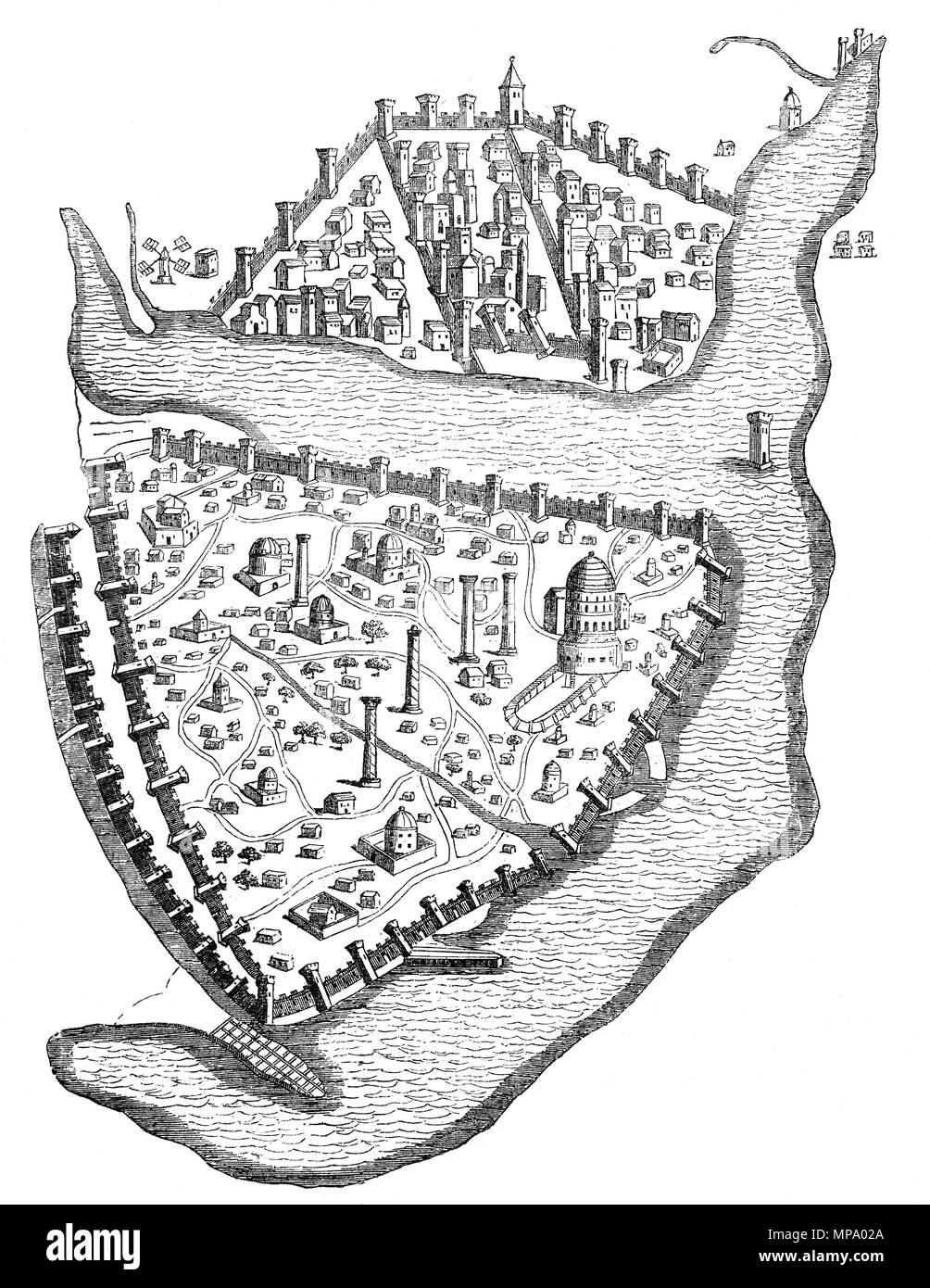 A birds-eye view of Constantinople, the capital city of the Roman/Byzantine Empire. From the mid-5th century to the early 13th century, it was the largest and wealthiest city in Europe. Constantinople was instrumental in the advancement of Christianity during Roman and Byzantine times as the home of the Ecumenical Patriarch of Constantinople and as the guardian of Christendom's holiest relics such as the Crown of Thorns and the True Cross. Stock Photo