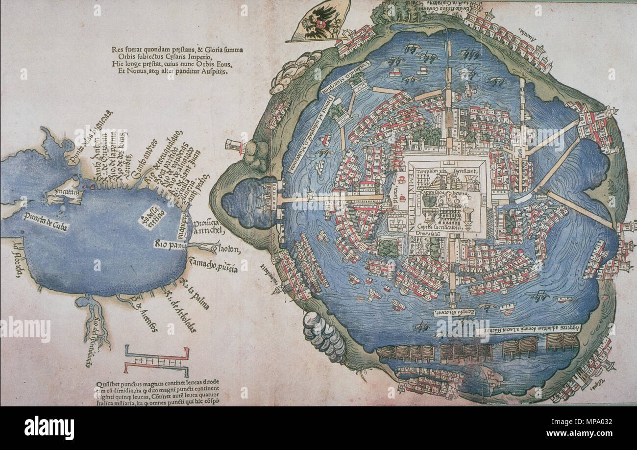 . English: Map of Tenochtitlan, printed 1524 in Nuremberg, Germany. Colorized woodcut. On the left, the Gulf of Mexico (South is at the top, part of Cuba left); on the right, Tenochtitlan with West at the top. 1524. Friedrich Peypus (1485–1534), probably after drawing made by one of Cortez' men. 852 Map of Tenochtitlan, 1524 Stock Photo