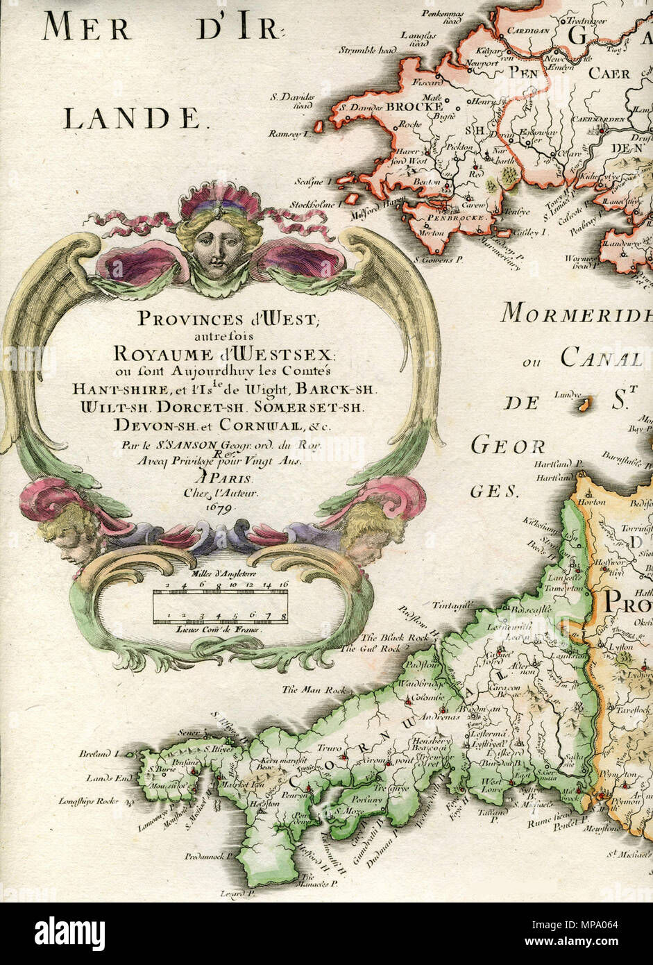 . English: Map of the Kingdom of Wessex. Originally published in: Provinces d'West; autrefois Royaume d'Westsex: ou sont Aujordhuy les Comtés Hant-shire, et l'Isle de Wight, Barck-shire, Wilt-shire, Dorcet-shire, Somerset-shire, Devon-shire, et Cornwall, &c Par le S. Sanson Geogr. ord. du Roy, Paris, 1679 . 1654.   Nicolas Sanson  (1600–1667)     Alternative names Nicolas Sanson, der Ältere; Nicolas Sanson d’Abbeville  Description French cartographer  Date of birth/death 20 December 1600 7 July 1667  Location of birth/death Abbeville, France Paris  Work location Paris  Authority control  : Q50 Stock Photo