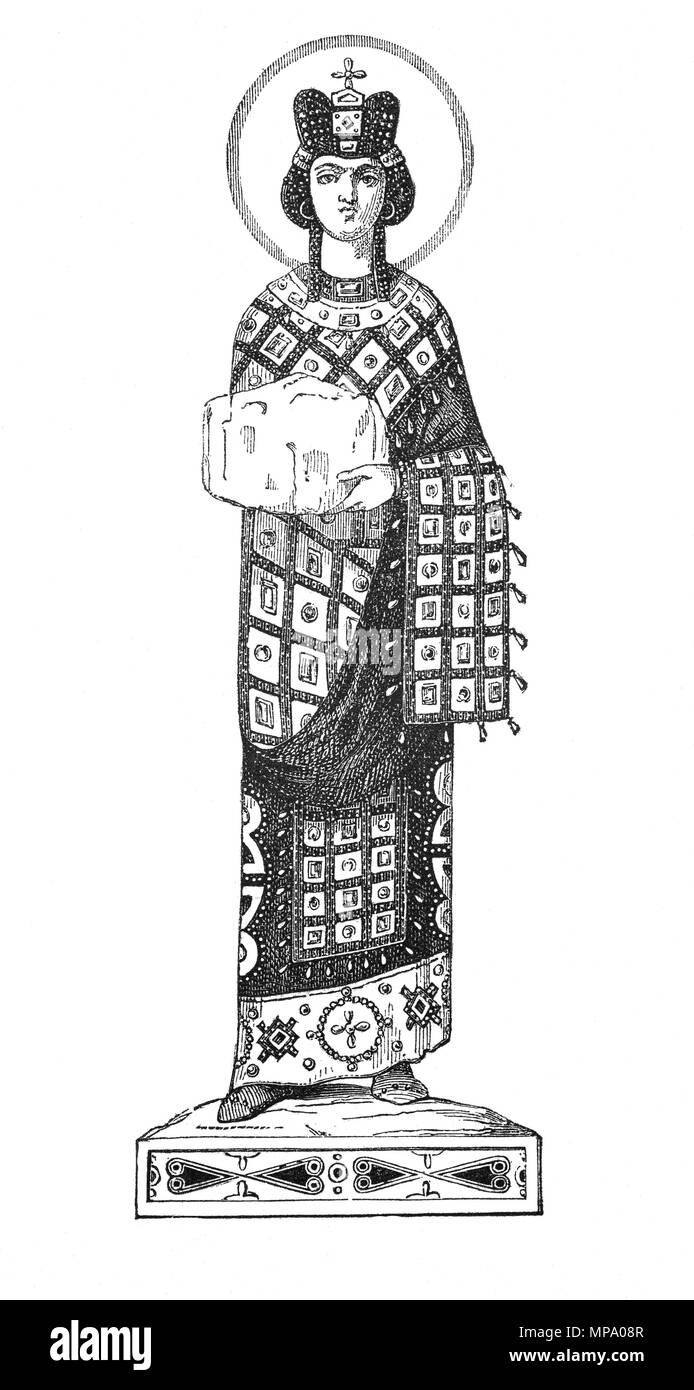 The costume of an Empress of Constantinople, the capital city of the Roman/Byzantine Empire. From the mid-5th century to the early 13th century, it was the largest and wealthiest city in Europe. Constantinople was instrumental in the advancement of Christianity during Roman and Byzantine times as the home of the Ecumenical Patriarch of Constantinople and as the guardian of Christendom's holiest relics such as the Crown of Thorns and the True Cross. Stock Photo