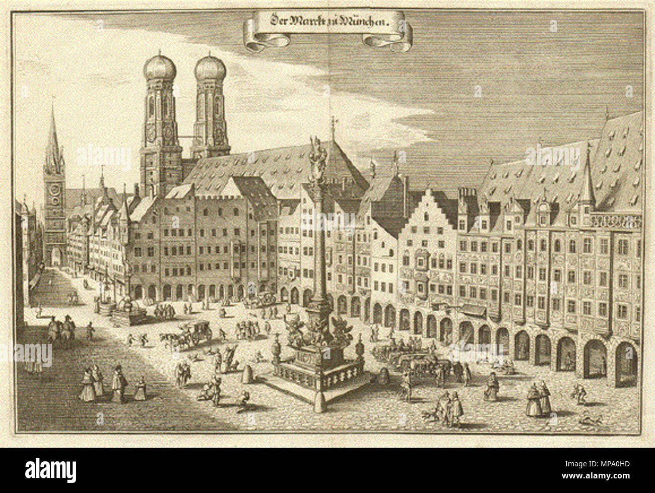 . Deutsch: Kupferstich von Matthäus Merian zeigt den Münchener Marienplatz früher auch Markt- und Schrannenplatz genannt. English: Engraving by Matthäus Merian shows the Marketplace of Munich . 1642.   Matthäus Merian  (1593–1650)      Alternative names Matthäus Merian der Ältere; Matthaeus Merian; Matthias Merian  Description Swiss copperplate engraver and publisher  Date of birth/death 22 September 1593 19 June 1650  Location of birth/death Basel Bad Schwalbach  Work location Switzerland (Zürich, Basel), France (Nancy, Paris), Netherlands, Germany (Strasbourg, Augsburg, Stuttgart, Oppenheim, Stock Photo