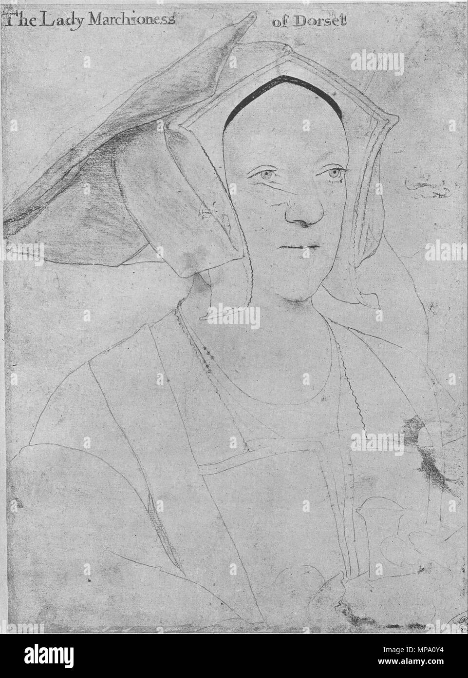 . English: Portrait of Margaret, Marchioness of Dorset. Black and coloured chalks, pen and Indian ink, metalpoint, on pink-primed paper, 33.3 × 23.8 cm, Royal Collection, Windsor Castle. The drawing has been almost entirely ruined by rubbing, damage during transfer to panel, and reworking by other hands. The foundation drawing is virtually erased, but traces of left-handed shading in the headdress identify it as originally a Holbein (Parker, p. 43). The sitter was once misidentified as Frances Grey, Marchioness of Dorset, the mother of Lady Jane Grey. In fact she is Frances Grey's mother-in-la Stock Photo