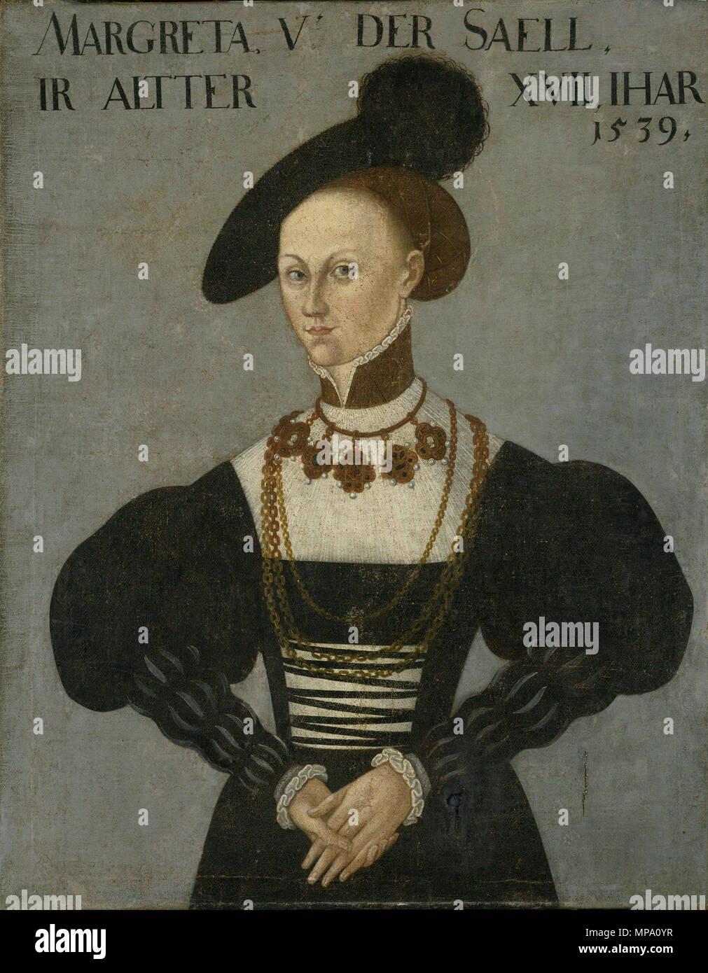 . Deutsch: Ölgemälde, Potrait der Margarethe von der Saale (1522-1566), Kopie des 17. Jahrhunderts nach einem verschollenen Original; Staatliche Museen Kassel, Dauerleihgabe an das Schloss Spangenberg English: Margarethe von der Saale, morganatic wife of Philip I . 17th century. Hans Brosamer (c. 1500 - c. 1554),copy after (?) 855 Margarethe von der Saale 2 Stock Photo